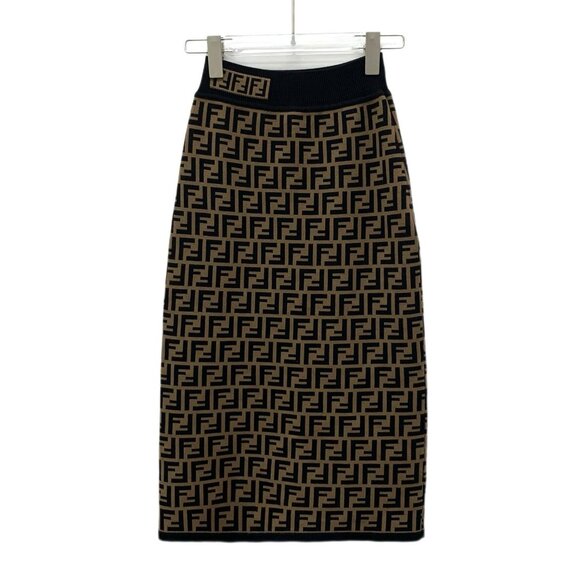 Fendi Womens Knitted Skirt Dark Brown FF Logo Pattern Viscose Blend Size 36 XS M - Picture 1 of 8